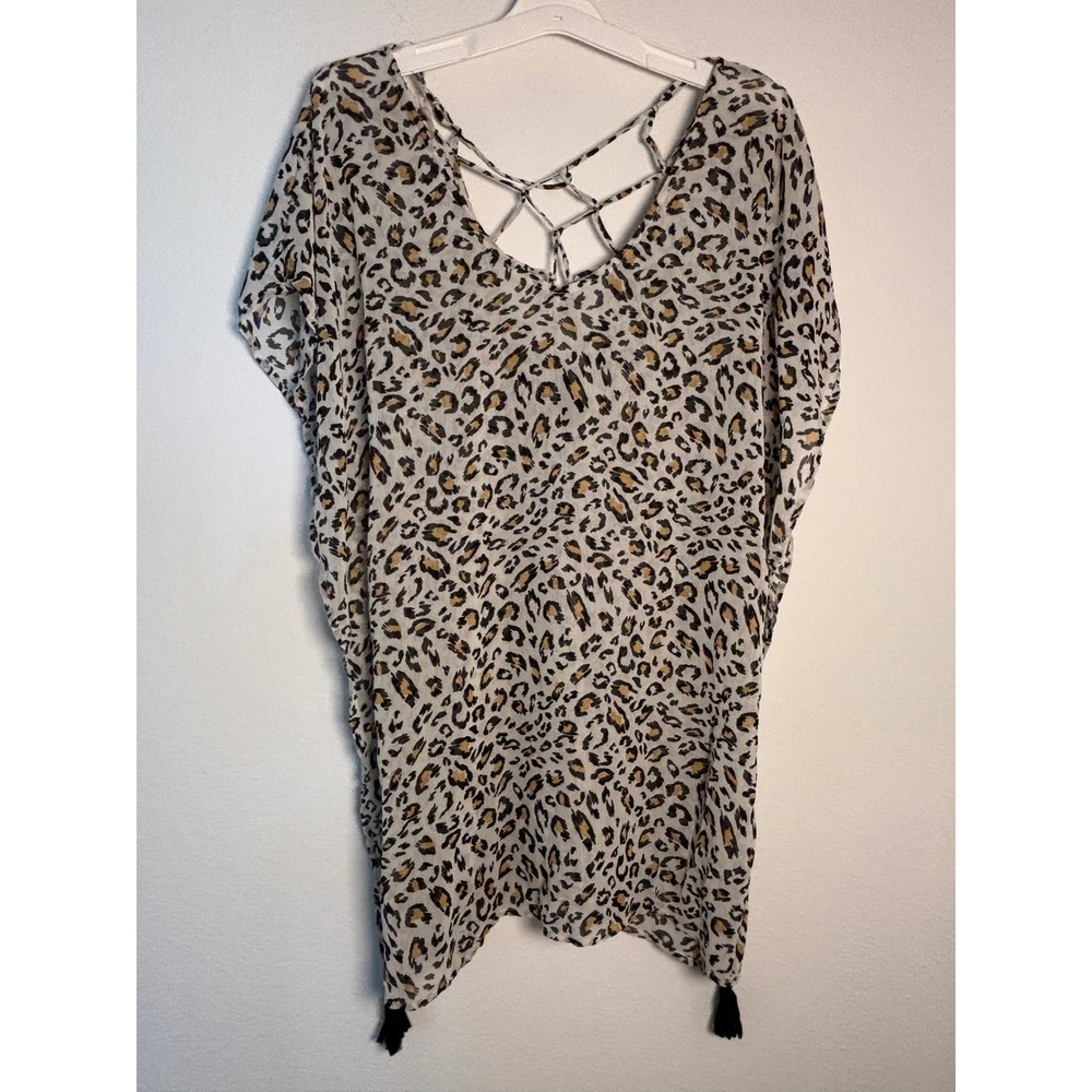 Palisades Beach Club Leopard Print Swim Cover Up Tassel Back Detail‎ ML